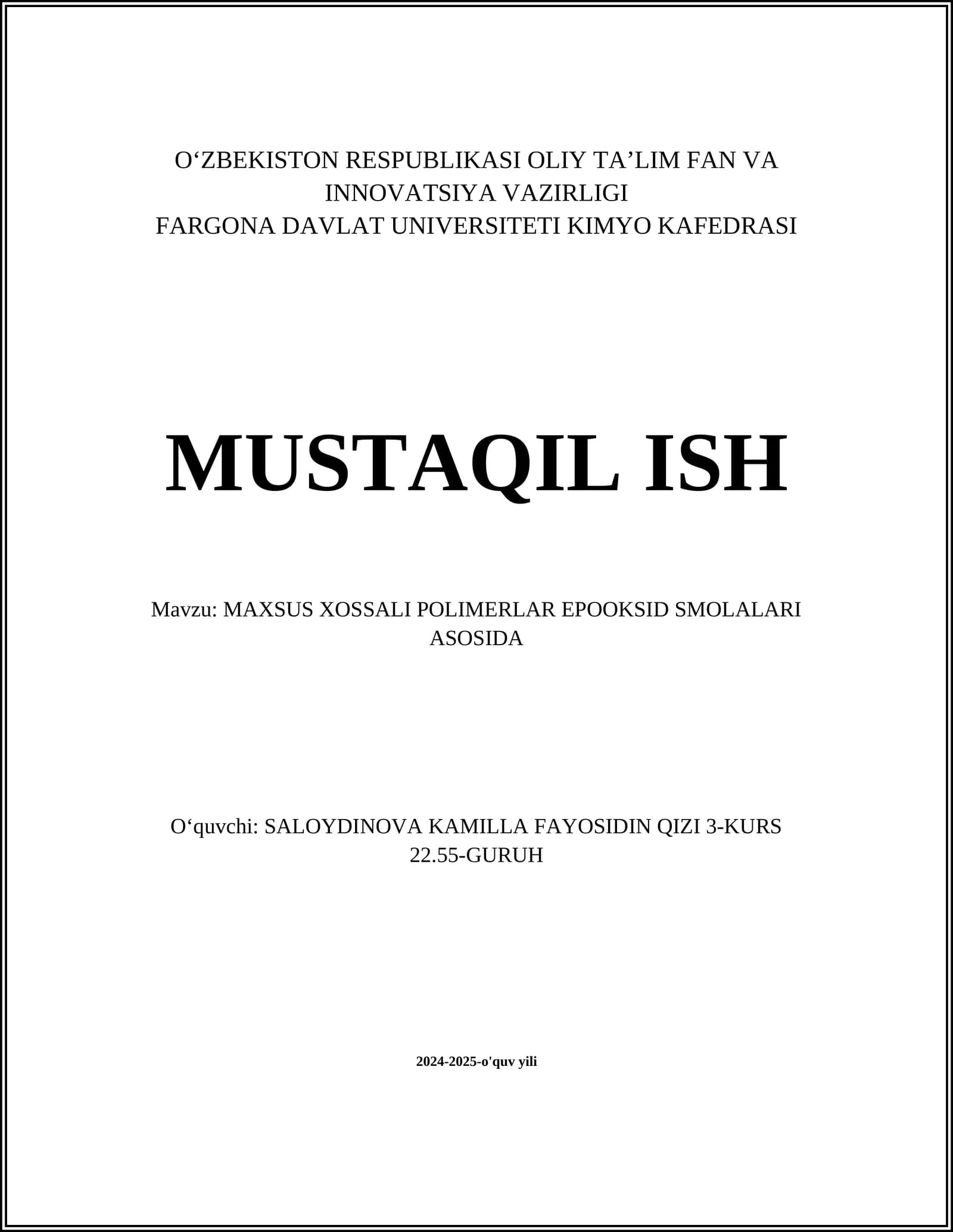 MAXSUS XOSSALI POLIMERLAR EPOOKSID SMOLALARI ASOSIDA