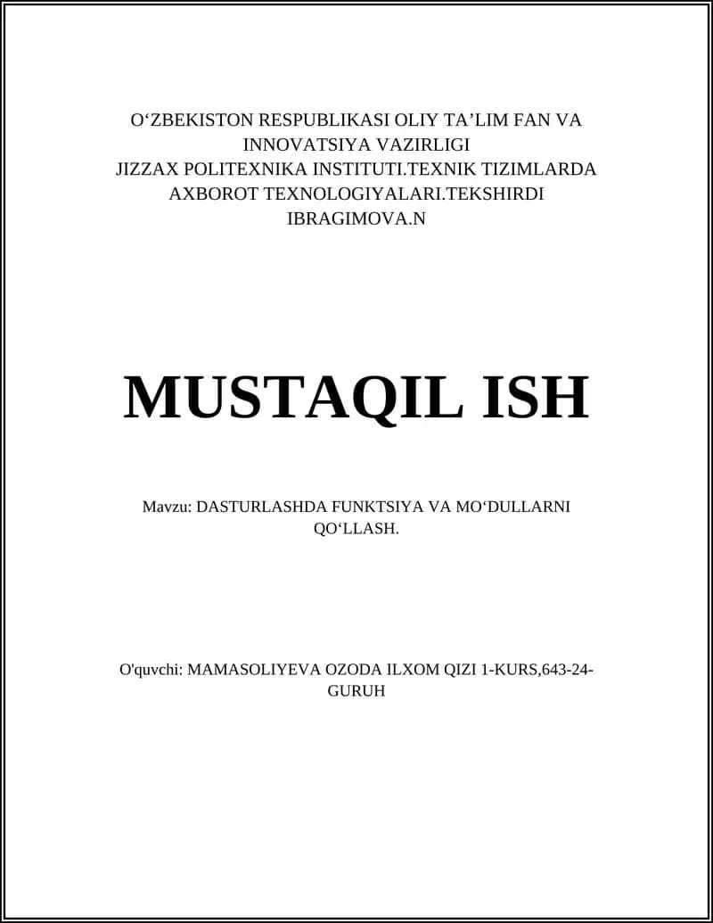 DASTURLASHDA FUNKTSIYA VA MOʻDULLARNI QOʻLLASH