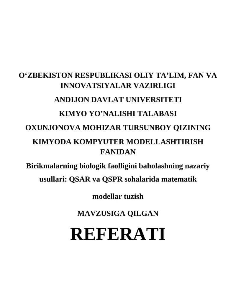 Kimyoda Kompyuter Modellashtirish Fanidan Referati