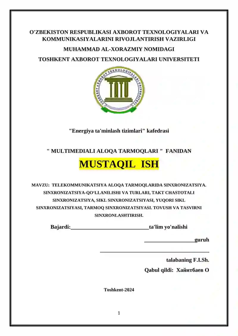 TELEKOMMUNIKATSIYA ALOQA TARMOQLARIDA SINXRONIZATSIYA