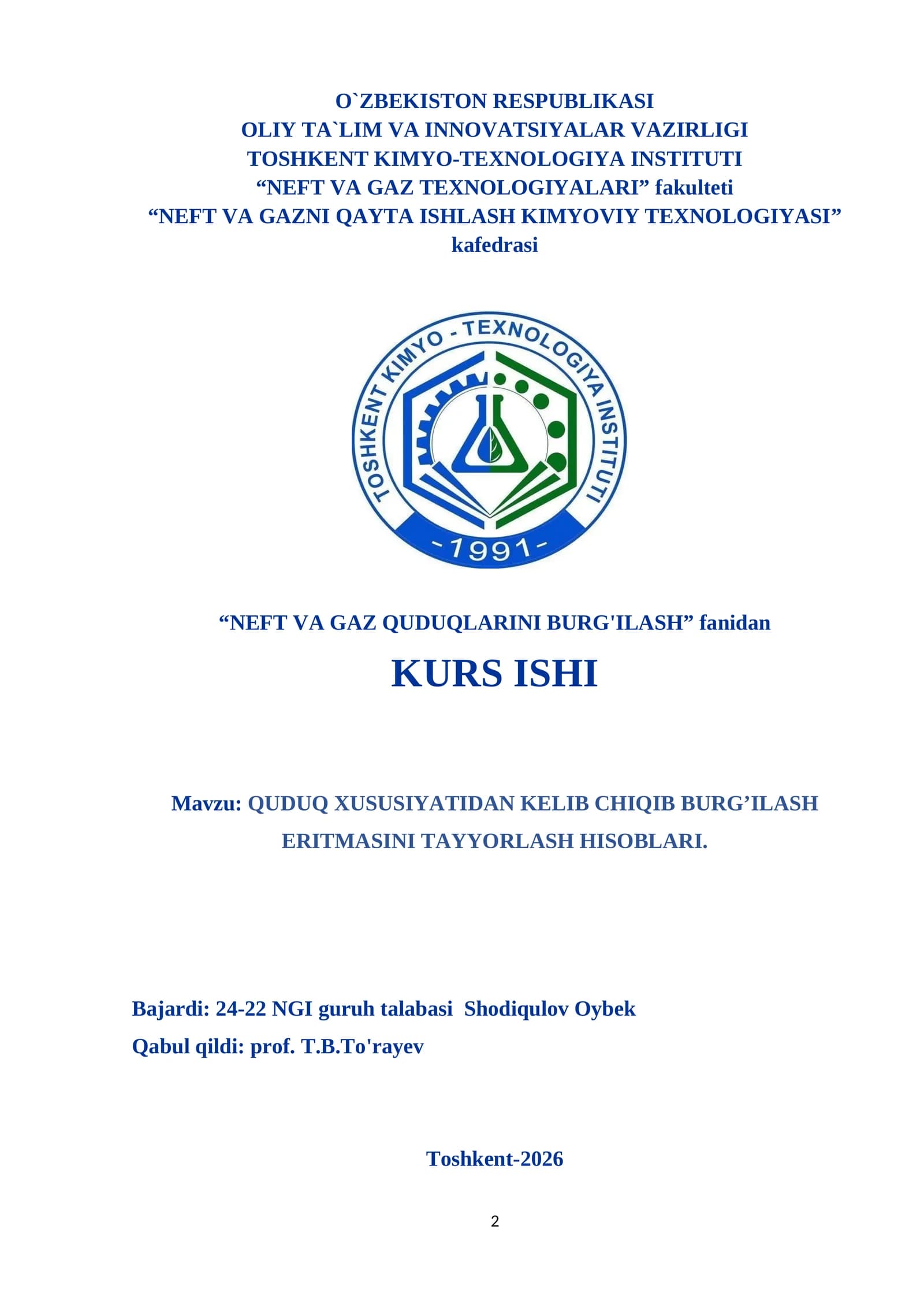 burg’ilash eritmasini tayyorlash hisoblari