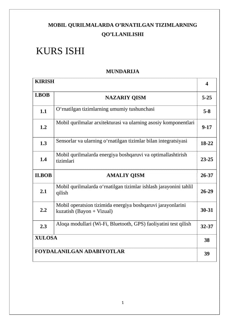 MOBIL QURILMALARDA O’RNATILGAN TIZIMLARNING QO’LLANILISHI