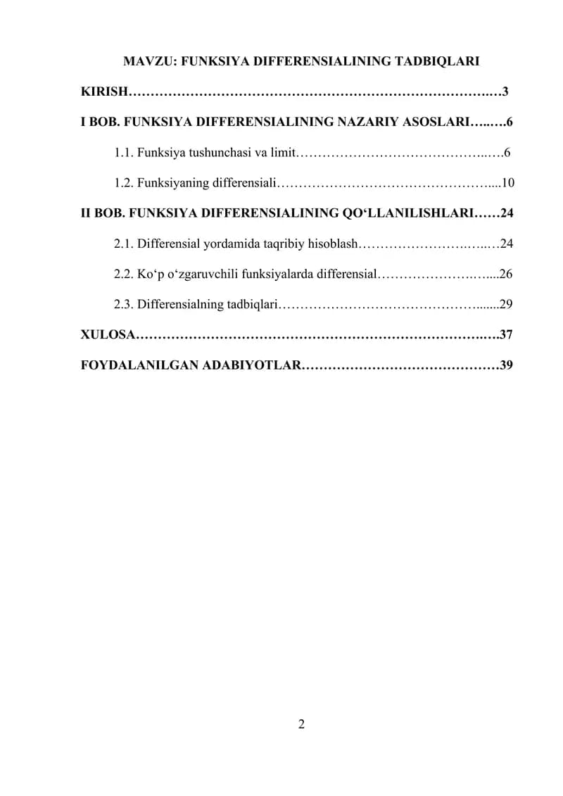 Funksiya differensiali va uning qo`llanilishi