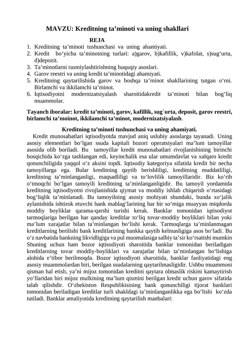 Kreditning ta’minoti va uning shakllari