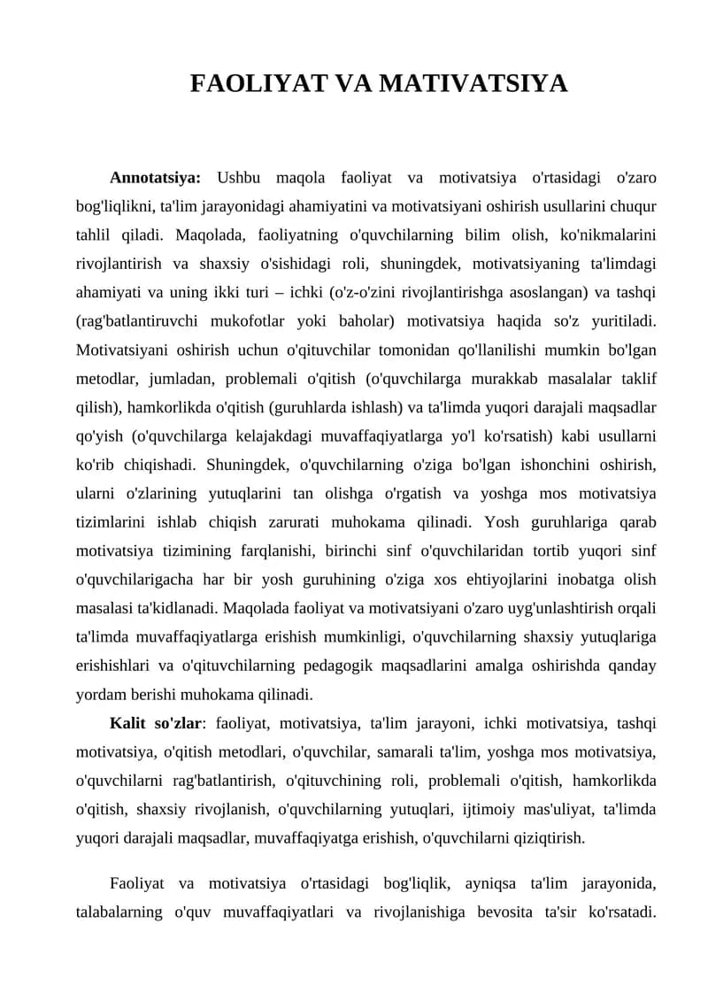 FAOLIYAT VA MATIVATSIYA