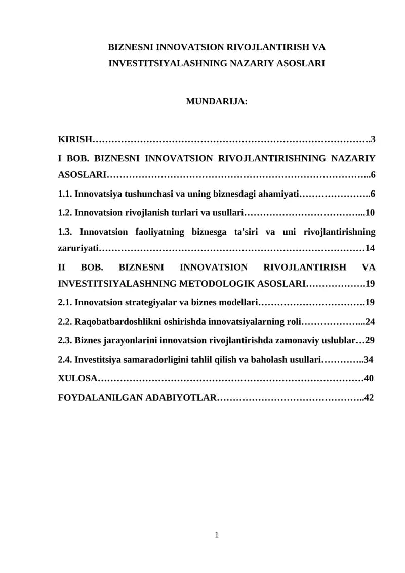 BIZNESNI INNOVATSION RIVOJLANTIRISH VA INVESTITSIYALASHNING NAZARIY ASOSLARI
