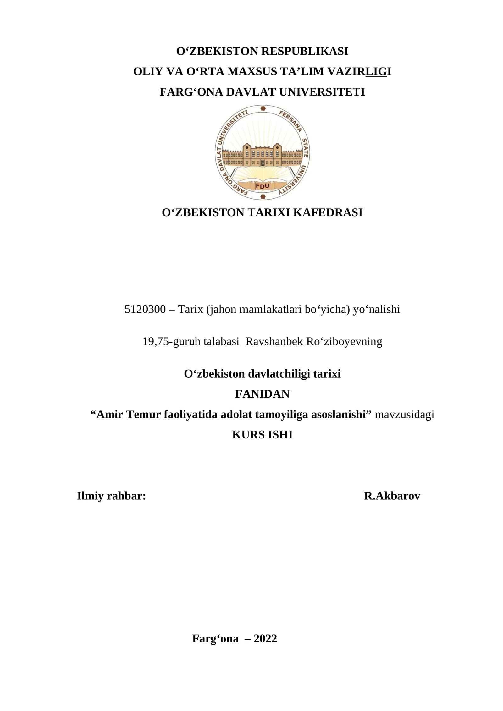 Amir Temur faoliyatida adolat tamoyiliga asoslanishi
