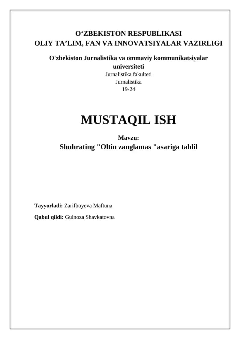 Shuhratning "Oltin zang" asariga tahlil