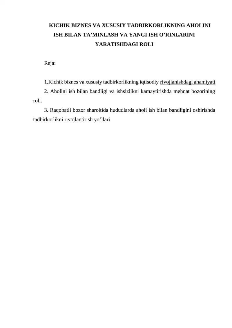 Kichik biznes va xususiy tadbirkorli