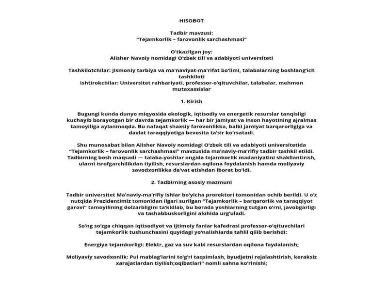 Tejamkorlik - farovonlik sarchashmasi