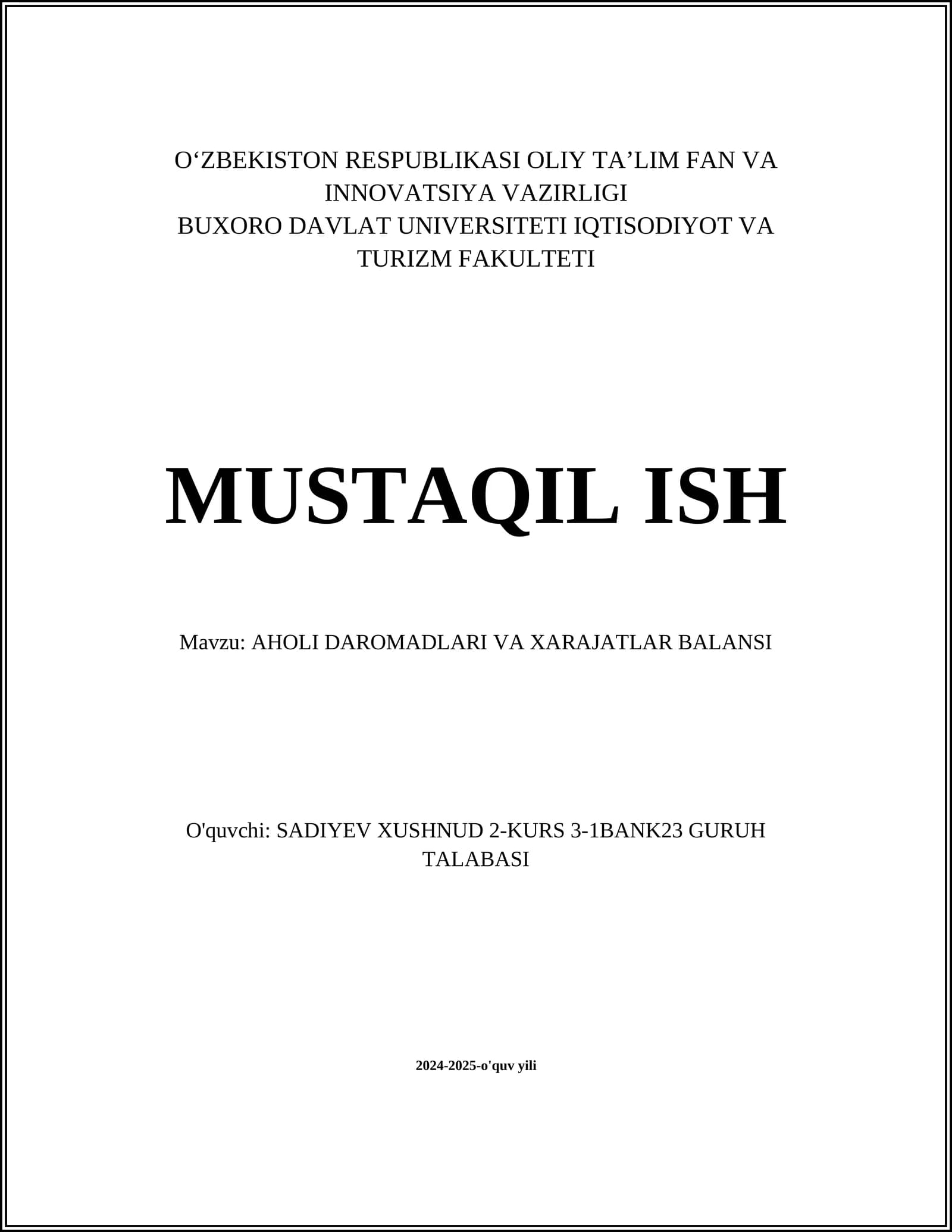 AHOLI DAROMADLARI VA XARAJATLAR BALANSI