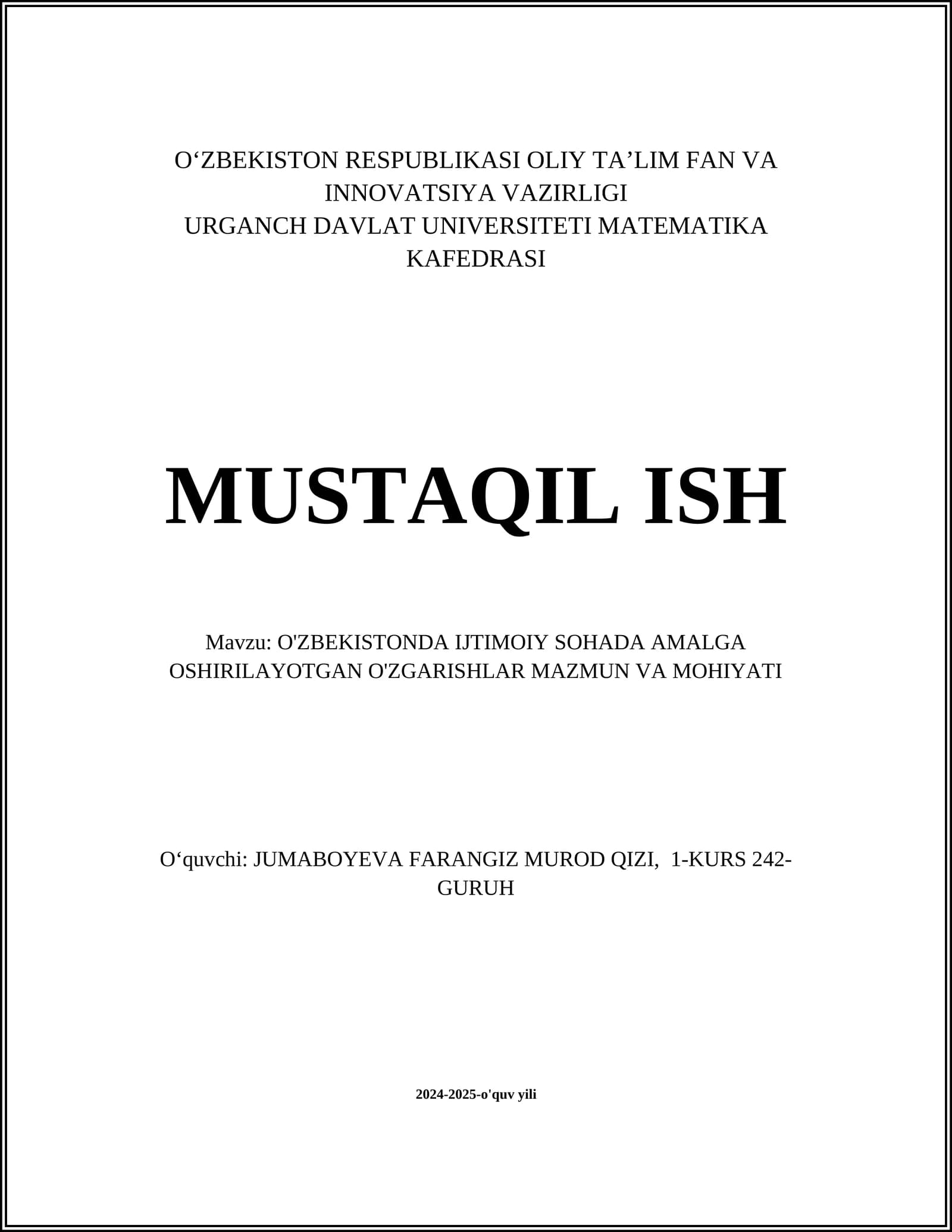 O‘ZBEKISTON RESPUBLIKASI OLIY TA’LIM FAN VA INNOVATSIYA VAZIRLIGI
