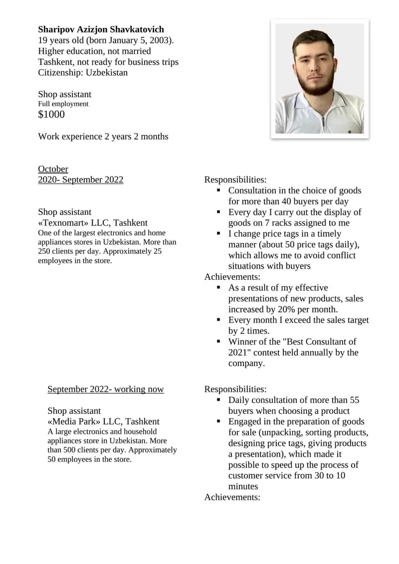 Shop assistant at «Media Park» LLC