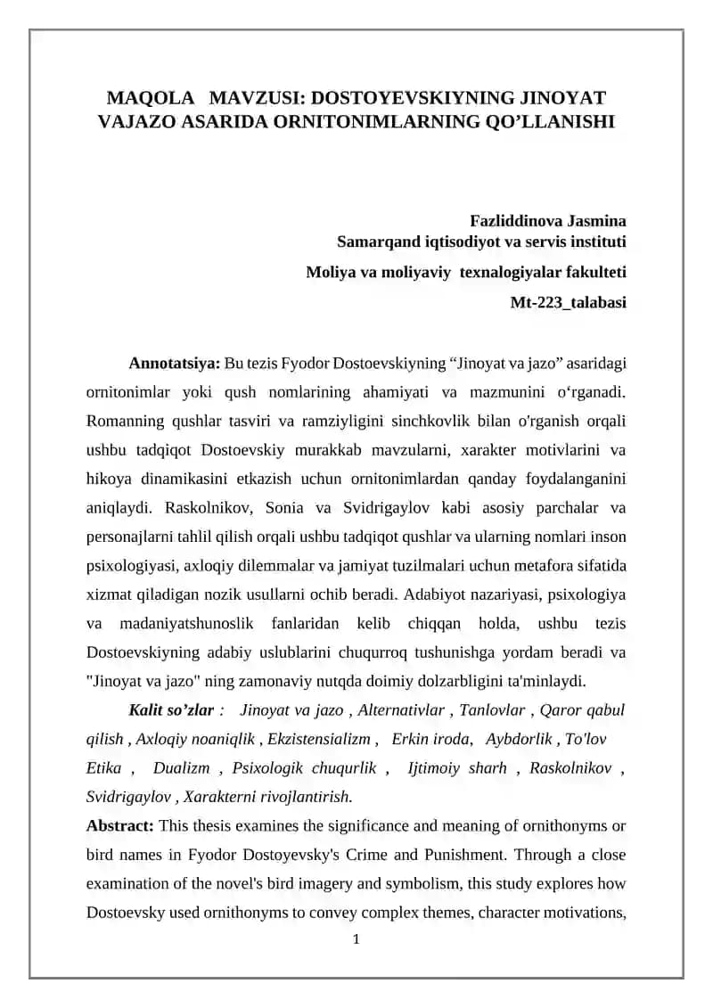 DOSTOYEVSKIYNING JINOYAT VAJAZO ASARIDA ORNITONIMLARNING QO’LLANISHI