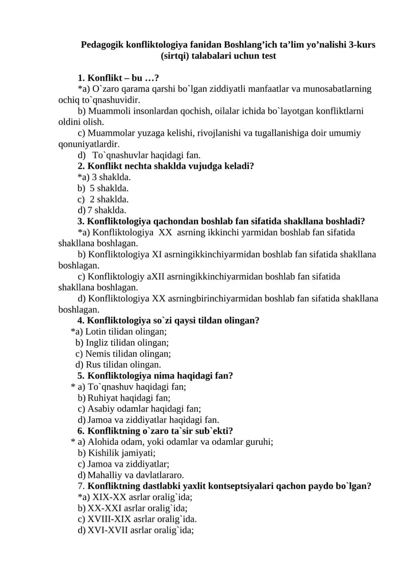 Pedagogik konfliktologiya fanidan Boshlang’ich ta’lim yo’nalishi 3-kurs (sirtqi) talabalari uchun test