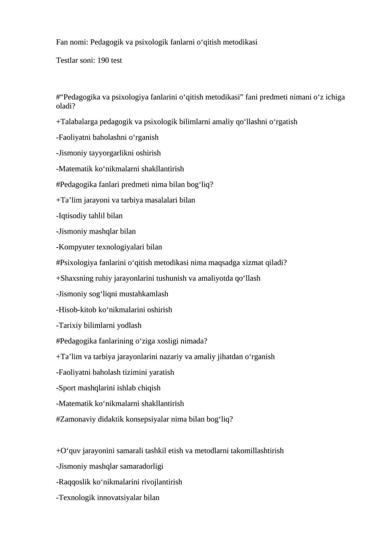 Pedagogik va psixologik fanlarni o‘qitish metodikasi