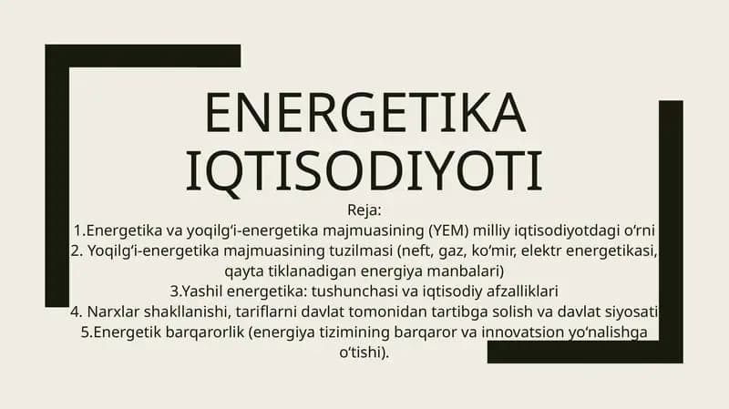 Energetika iqtisodiyoti mavzusida taqdimot ishi