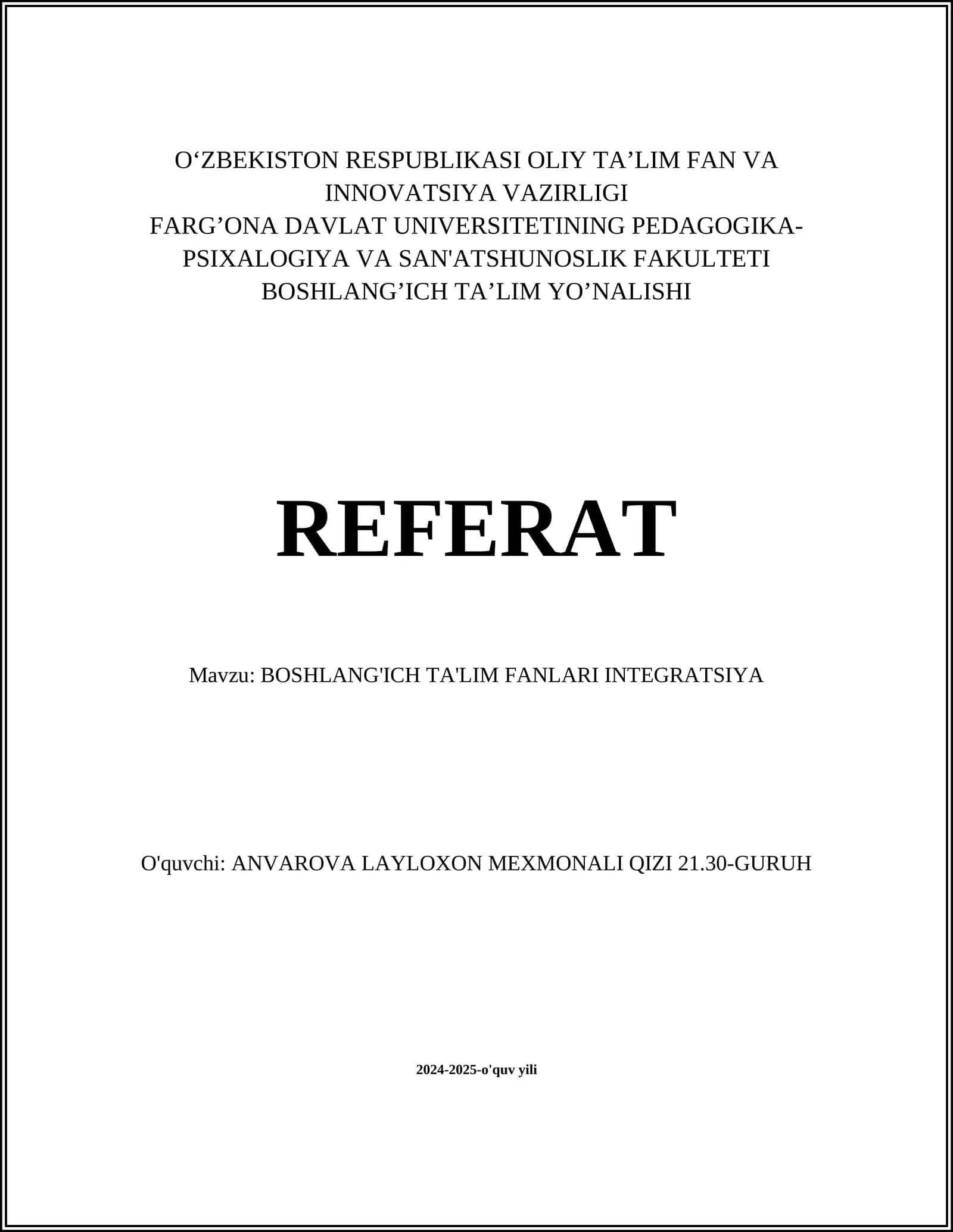 BOSHLANG'ICH TA'LIM FANLARI INTEGRATSIYA