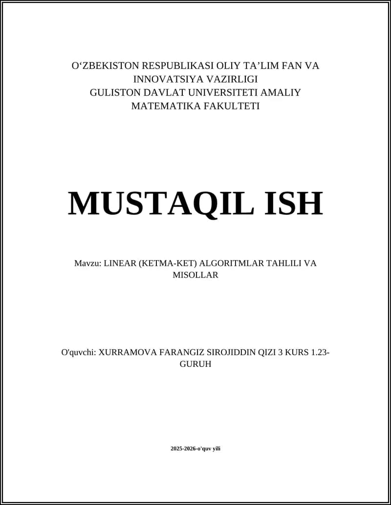 LINEAR (KETMA-KET) ALGORITMLAR TAHLILI VA MISOLLAR