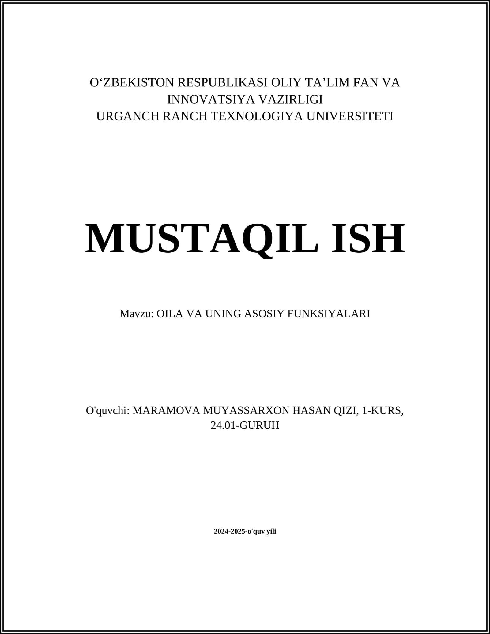 OILA VA UNING ASOSIY FUNKSIYALARI