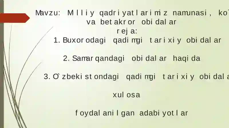 O`zbekistonning qadimgi tarixiy obidalariga oid adabiyotlar