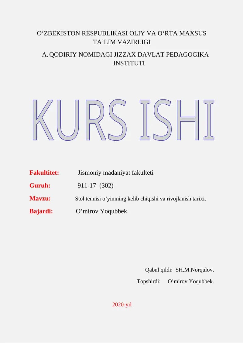 Stol tennisi o’yinining kelib chiqishi va rivojlanish tarixi