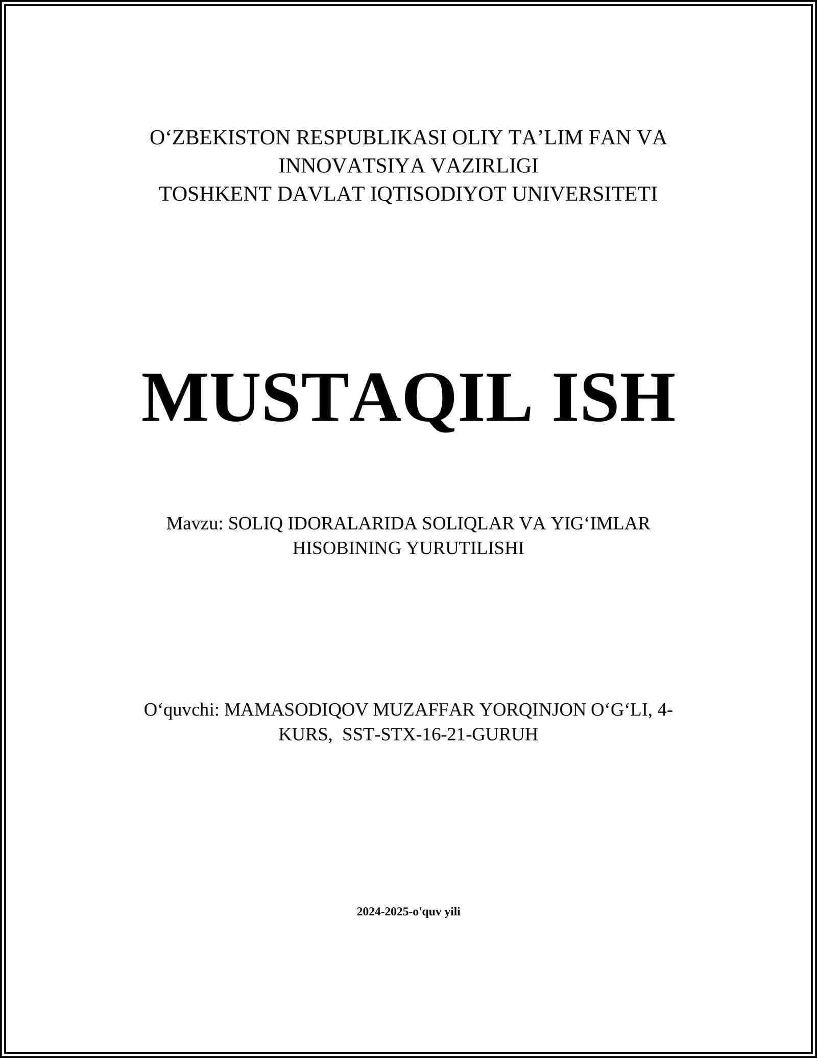 SOLIQ IDORALARIDA SOLIQLAR VA YIGʻIMLAR HISOBINING YURUTILISHI