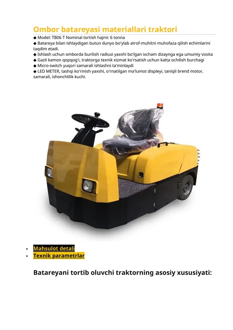 Ombor batareyasi materiallari traktori