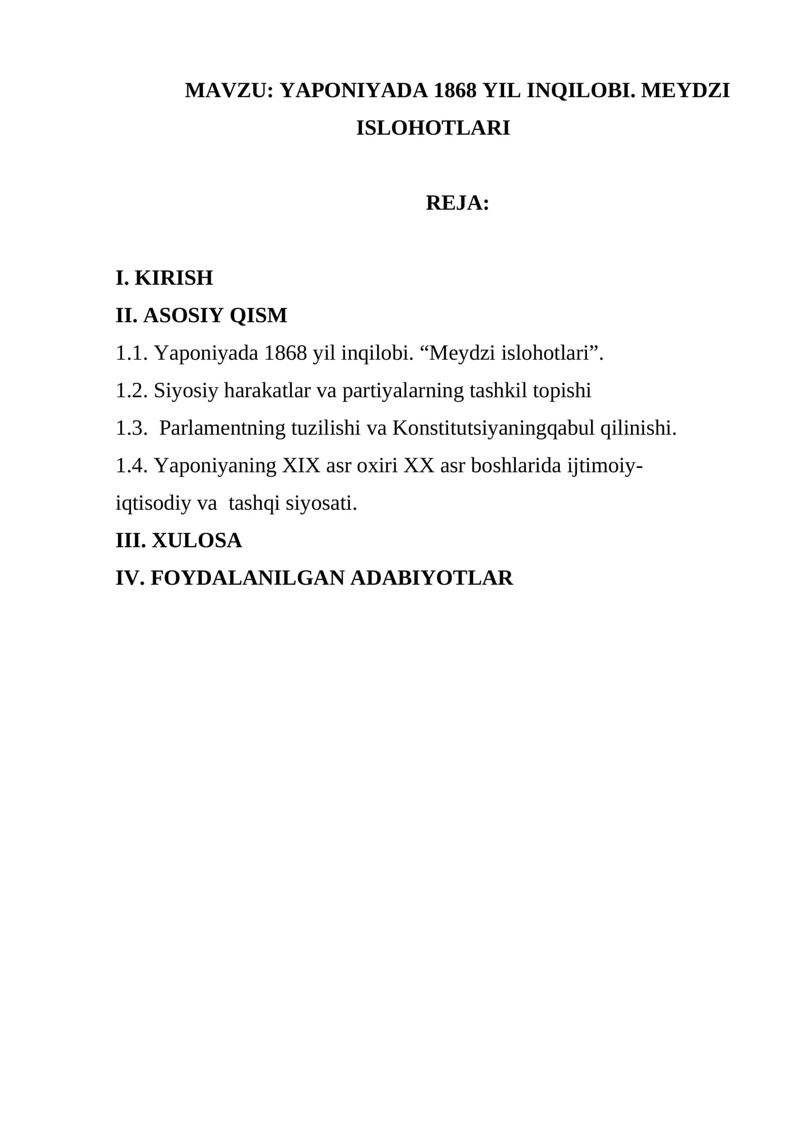 YAPONIYADA 1868 YIL INQILOBI. MEYDZI ISLOHOTLARI