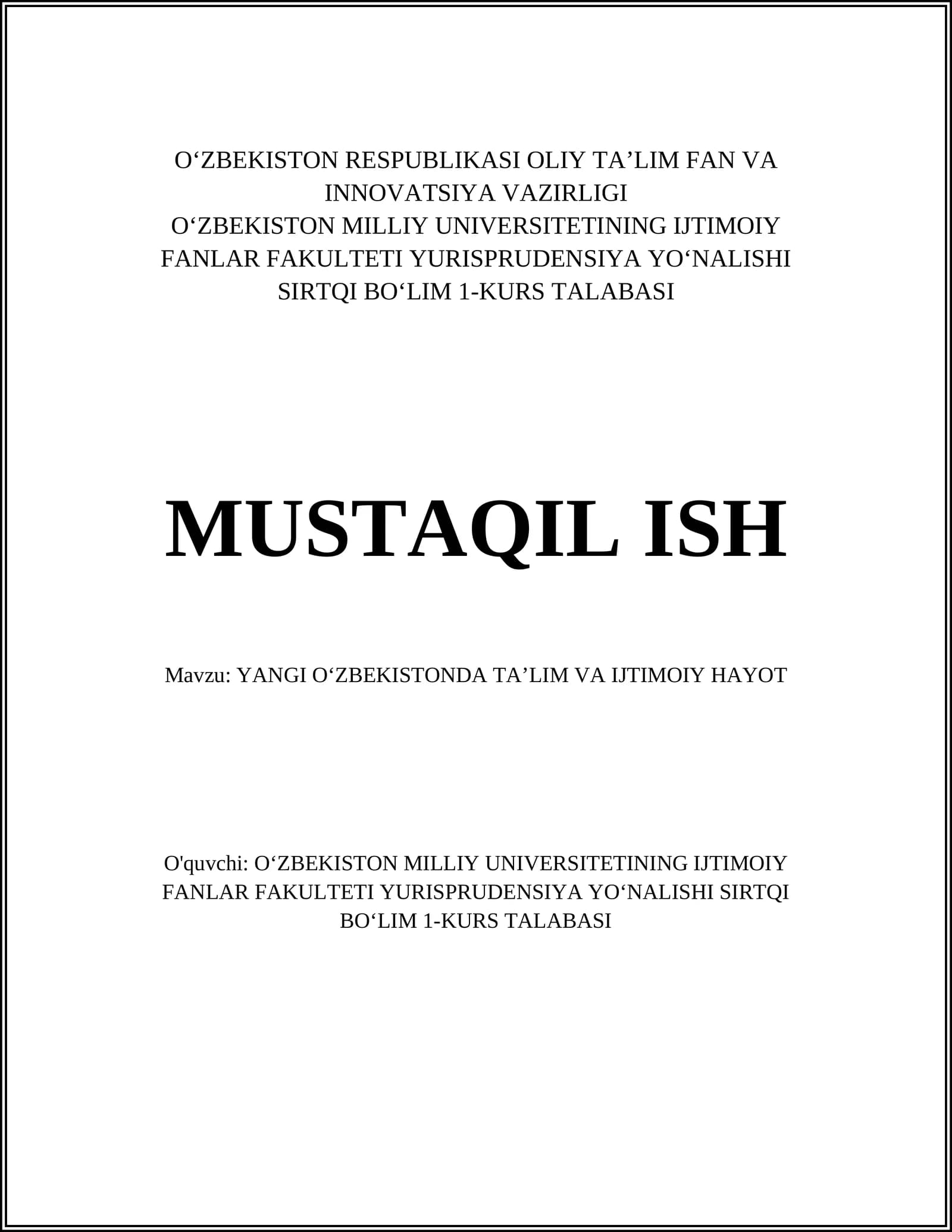 YANGI OʻZBEKISTONDA TAʼLIM VA IJTIMOIY HAYOT