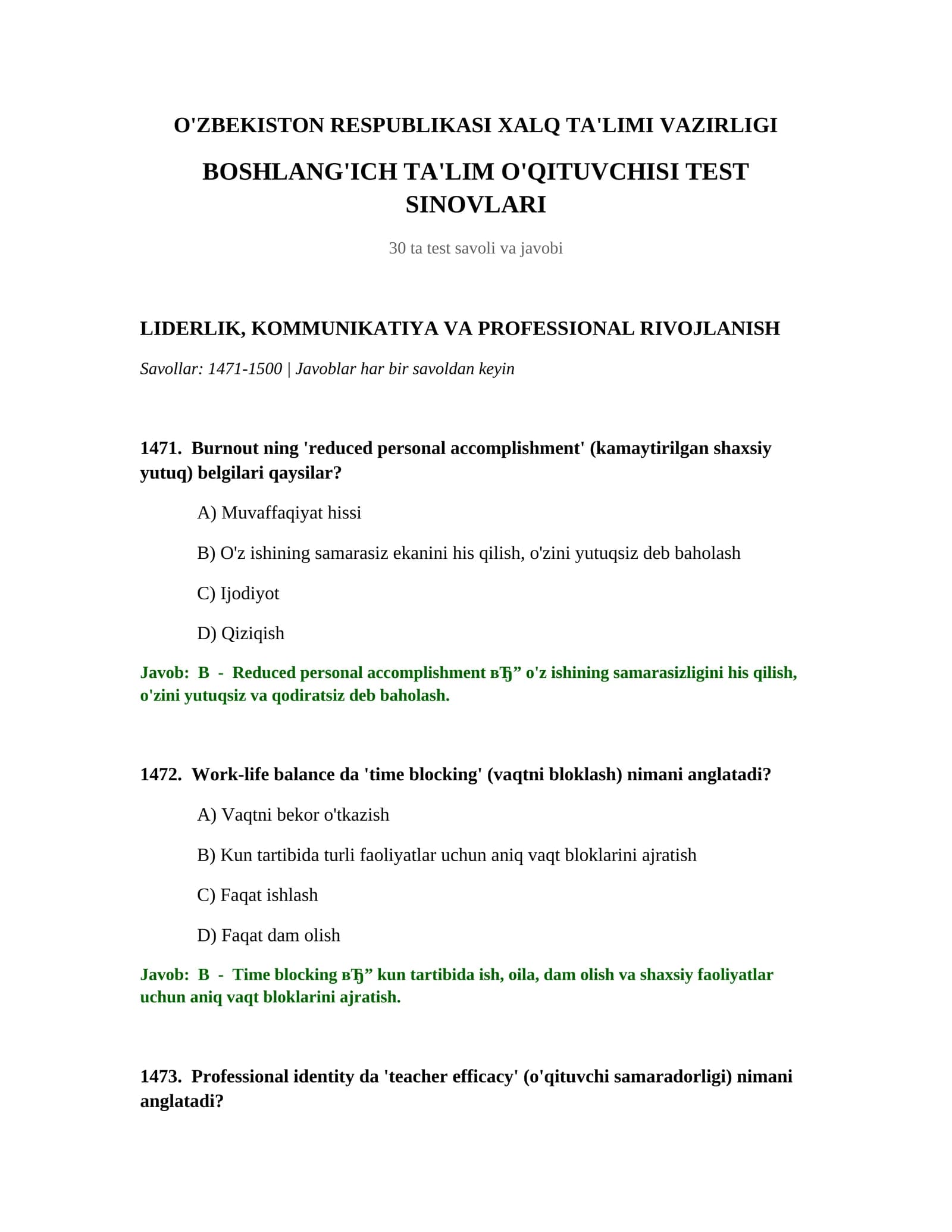 BOSHLANG'ICH TA'LIM O'QITUVCHISI TEST SINOVLARI
