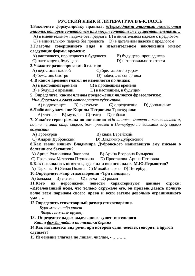 РУССКИЙ ЯЗЫК И ЛИТЕРАТУРА В 6-КЛАССЕ
