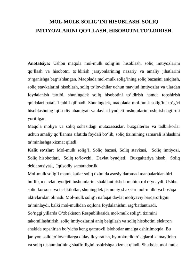 Mol-mulk solig’ini hisoblash, soliq imtiyozi