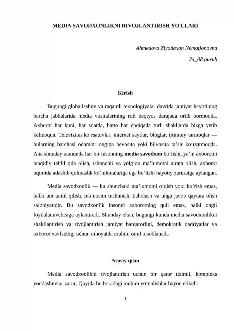 MEDIA SAVODXONLIKNI RIVOJLANTIRISH YO'LLARI