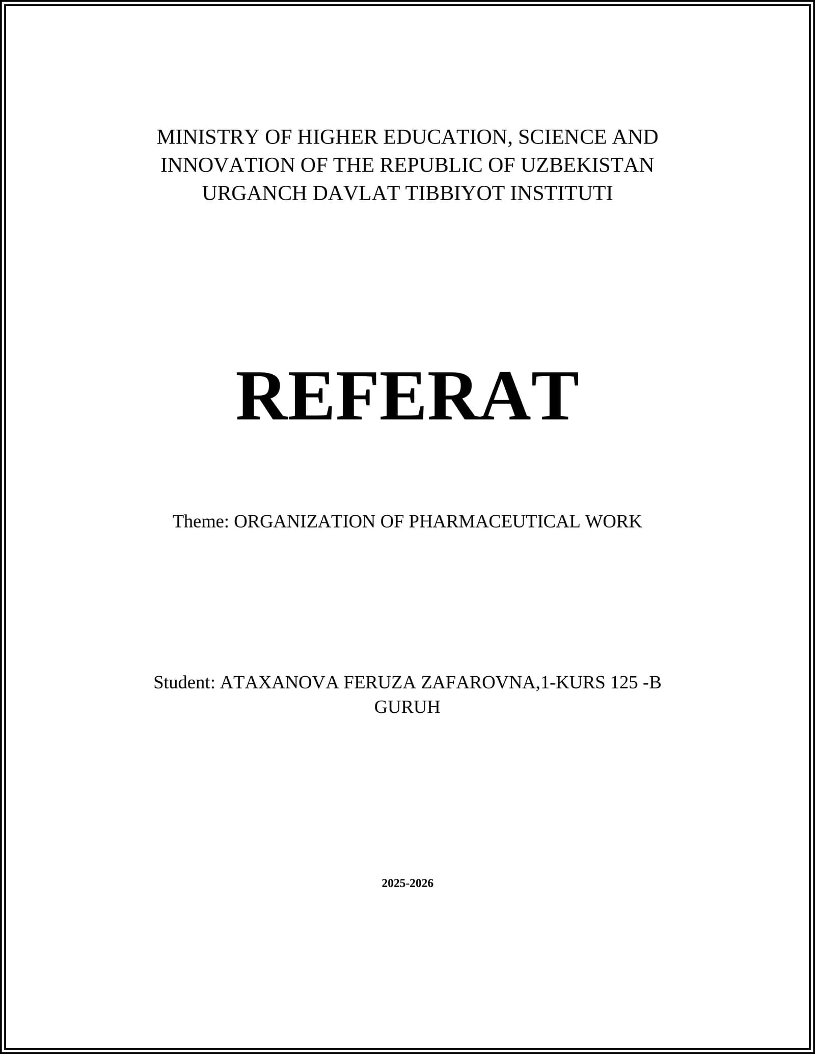 ORGANIZATION OF PHARMACEUTICAL WORK