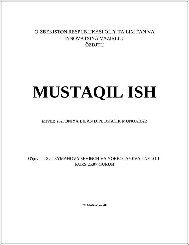 YAPONIYA BILAN DIPLOMATIK MUNOABAR