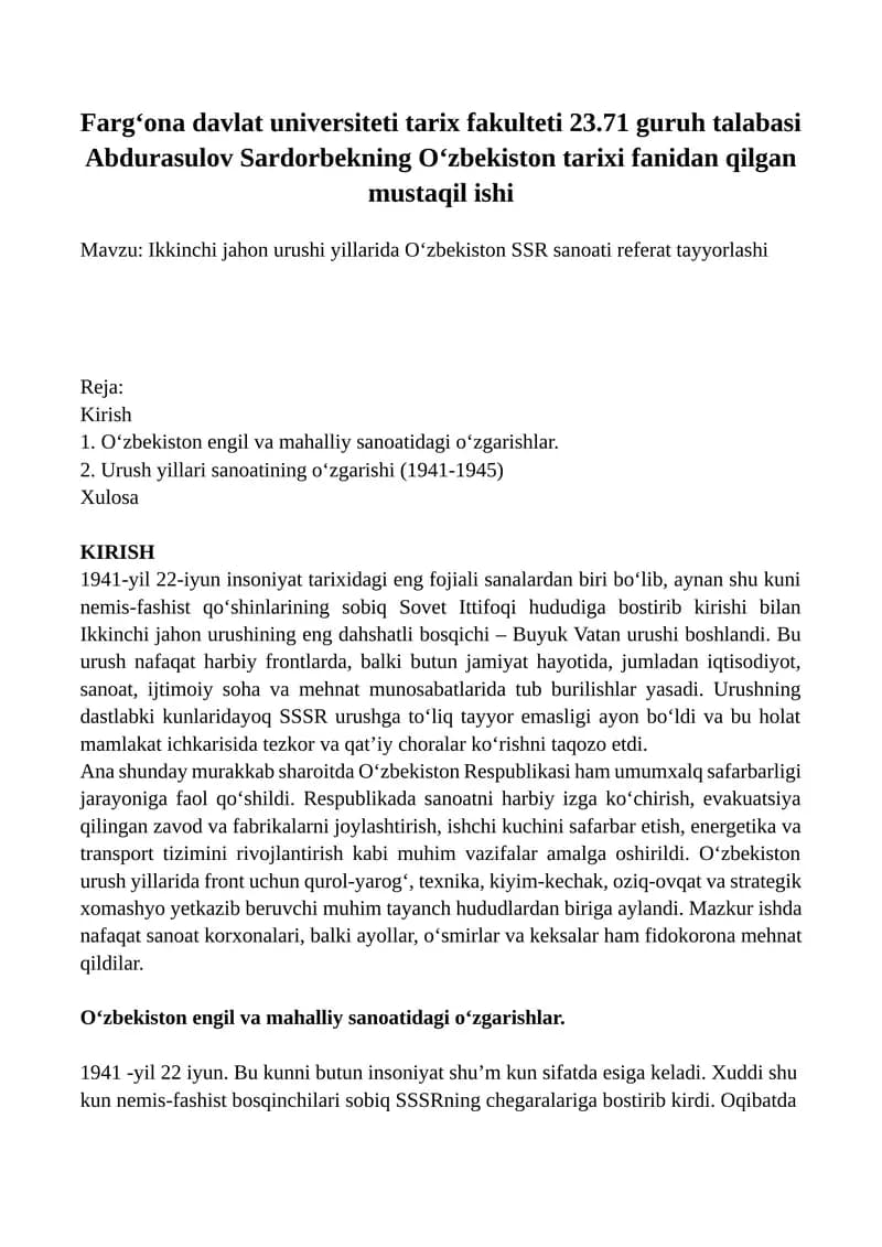 Ikkinchi jahon urushi yillarida O‘zbekiston SSR sanoati