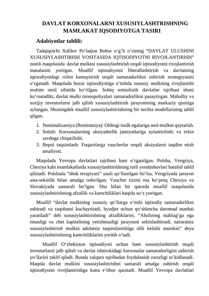 DAVLAT KORXONALARNI XUSUSIYLASHTRISHNING MAMLAKAT IQSODIYOTGA TASIRI