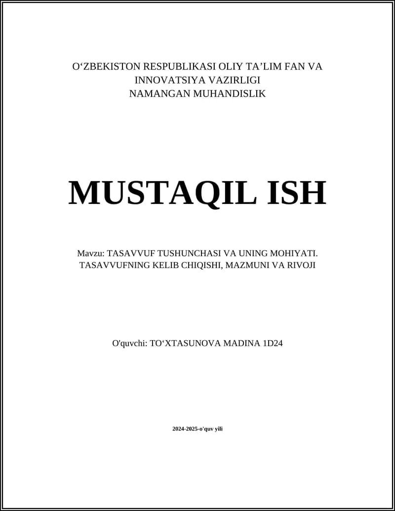 TASAVVUF TUSHUNCHASI VA UNING MOHIYATI