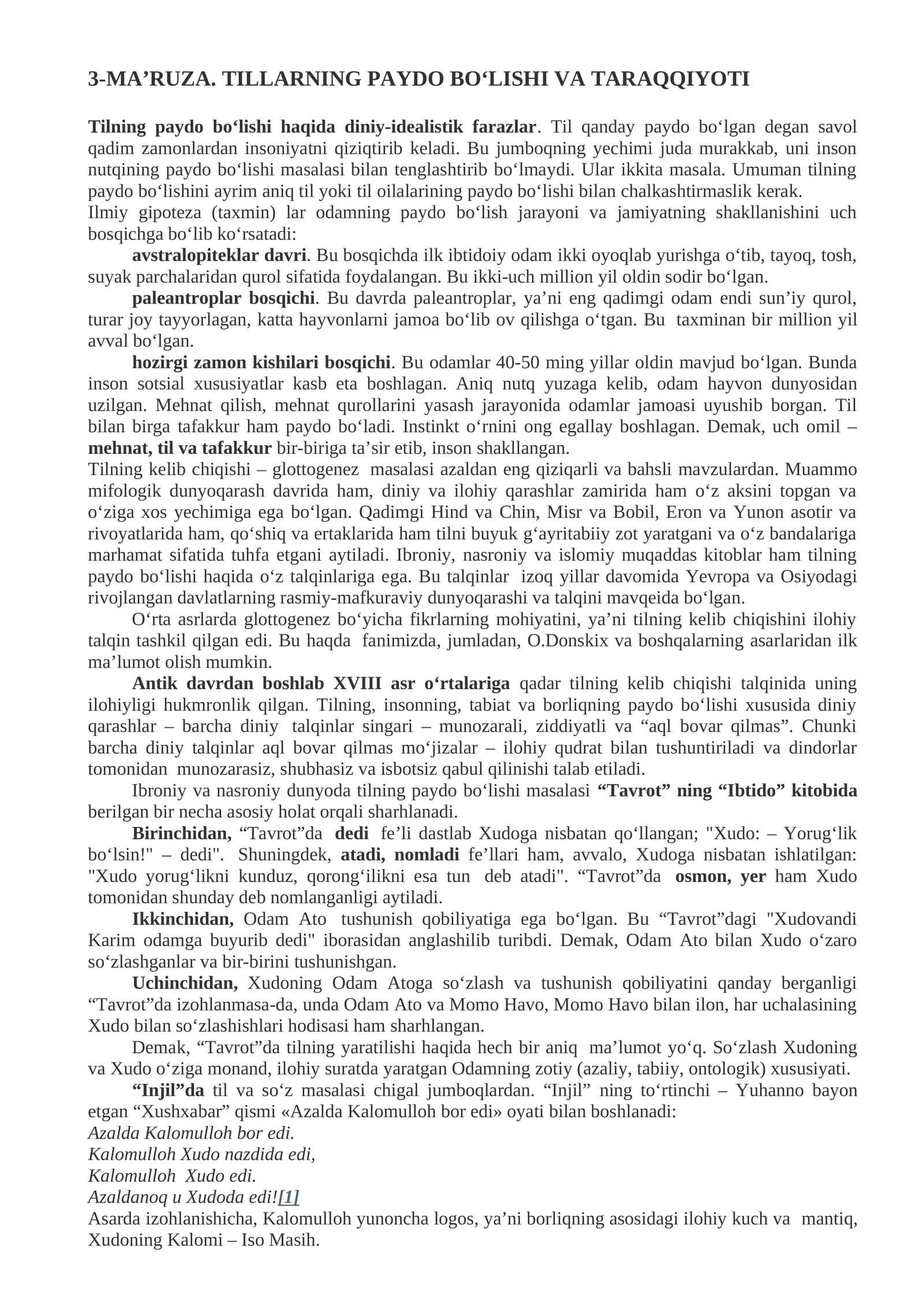 3-MA’RUZA. TILLARNING PAYDO BO‘LISHI VA TARAQQIYOTI