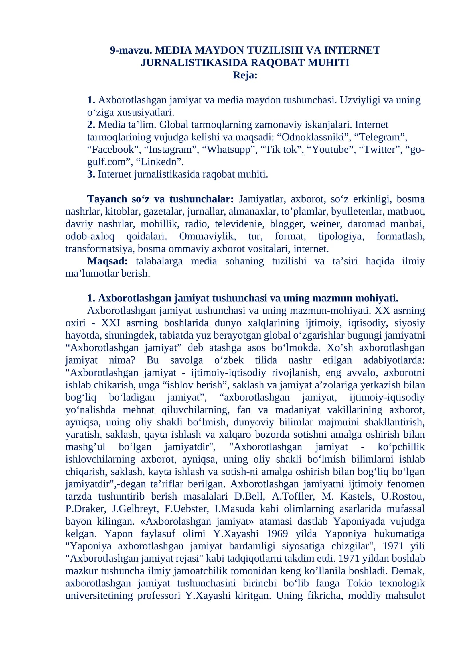 MEDIA MAYDON TUZILISHI VA INTERNET JURNALISTIKASI