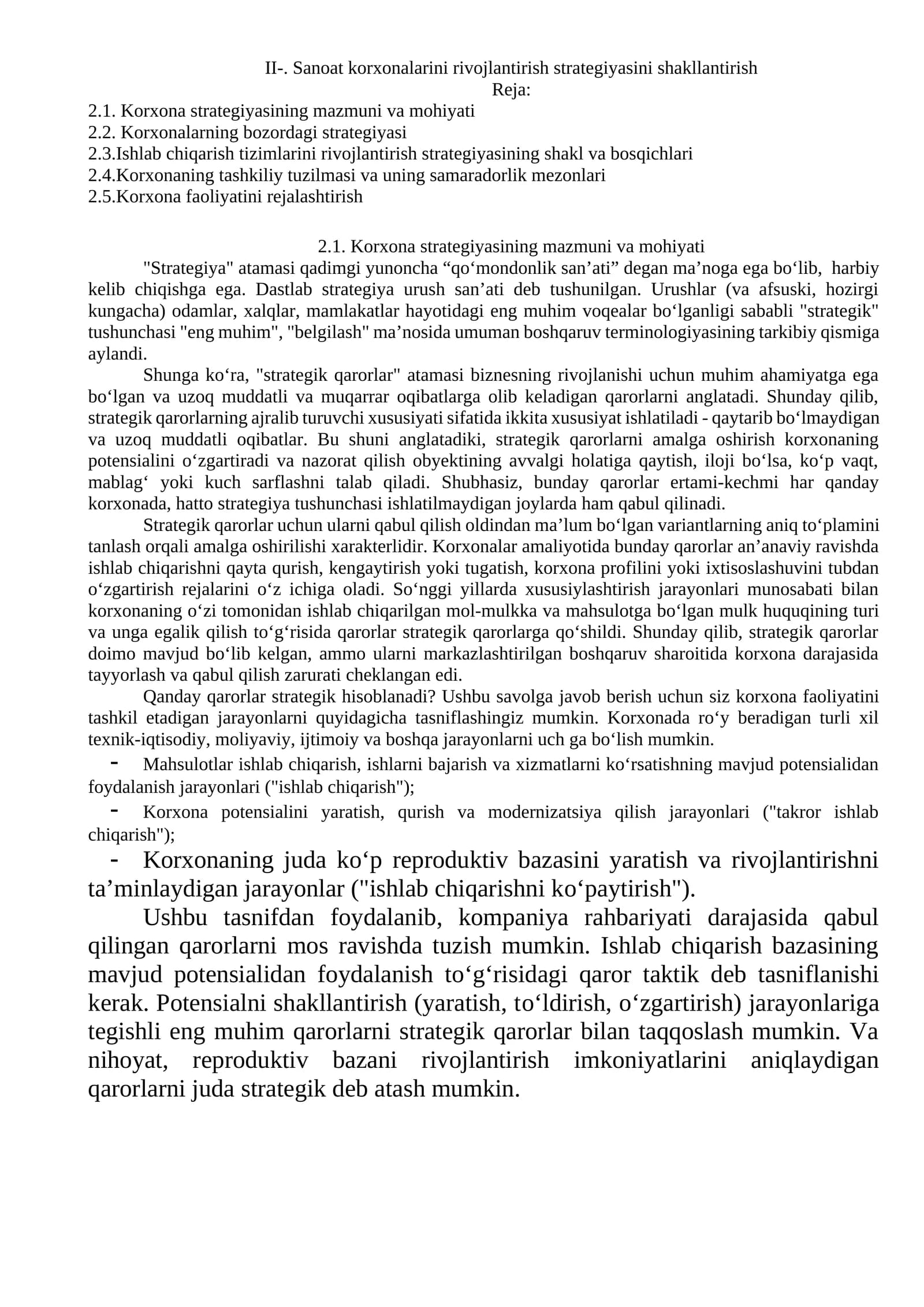 Korxona strategiyasining mazmuni va mohiyati