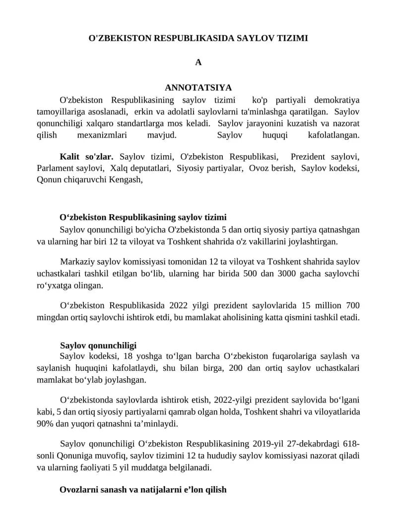 O'ZBEKISTON RESPUBLIKASIDA SAYLOV TIZIMI