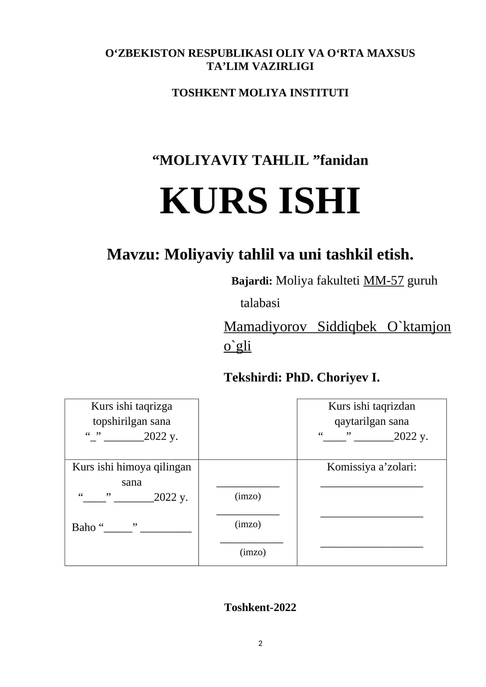 Moliyaviy tahlil va uni tashkil etish