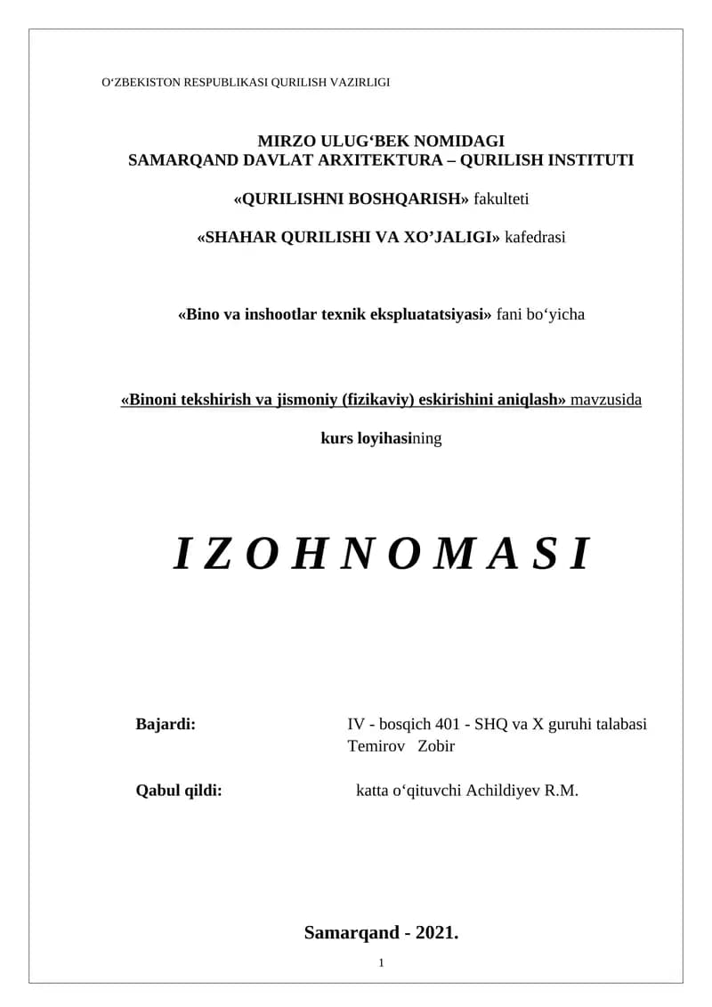 "Binoni tekshirish va jismoniy (fizikaviy) eskirishini aniqlash"