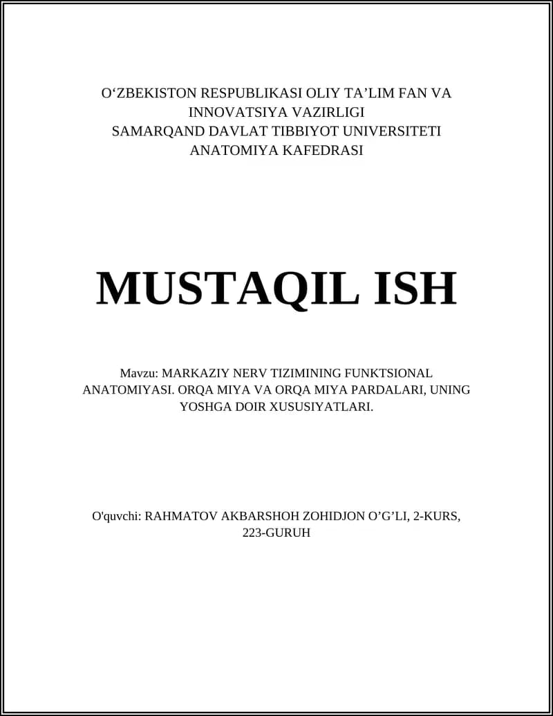 MARKAZIY NERV TIZIMINING FUNKTSIONAL ANATOMIYASI