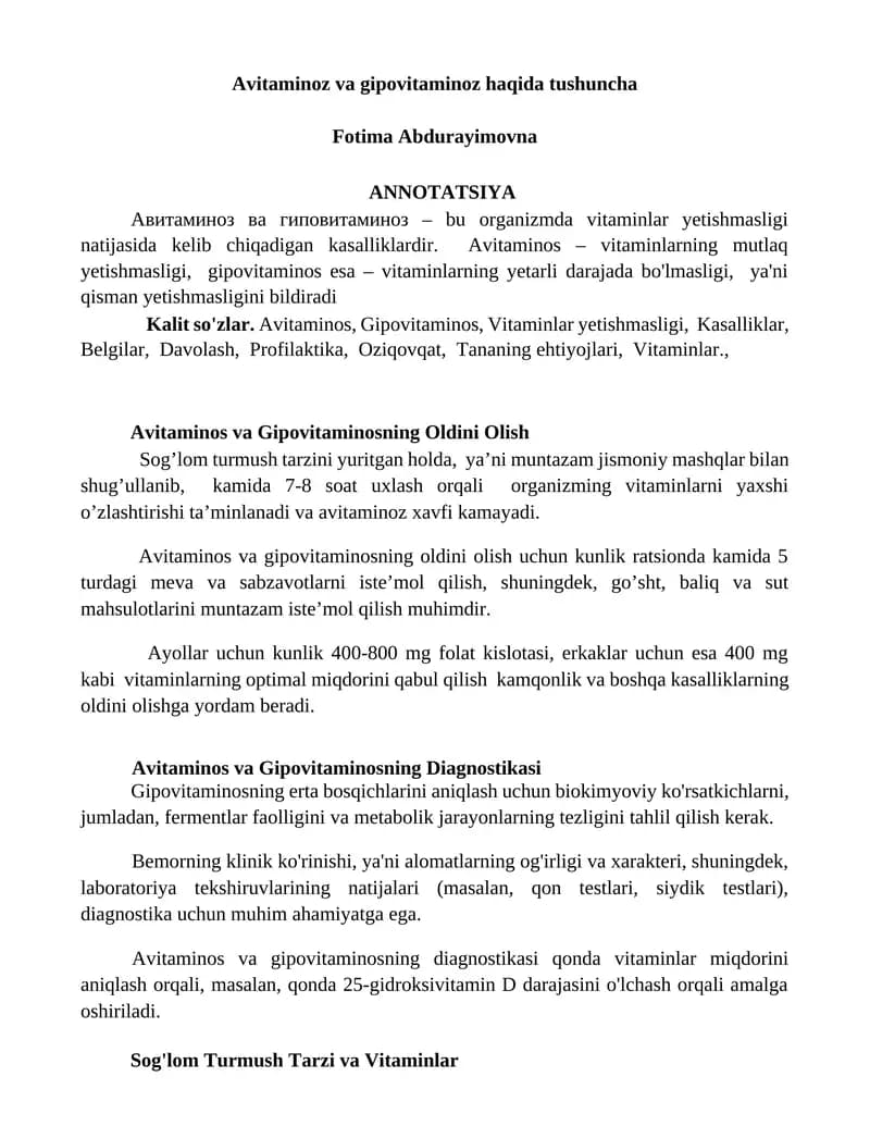 Avitaminos va Gipovitaminos haqida tushuncha