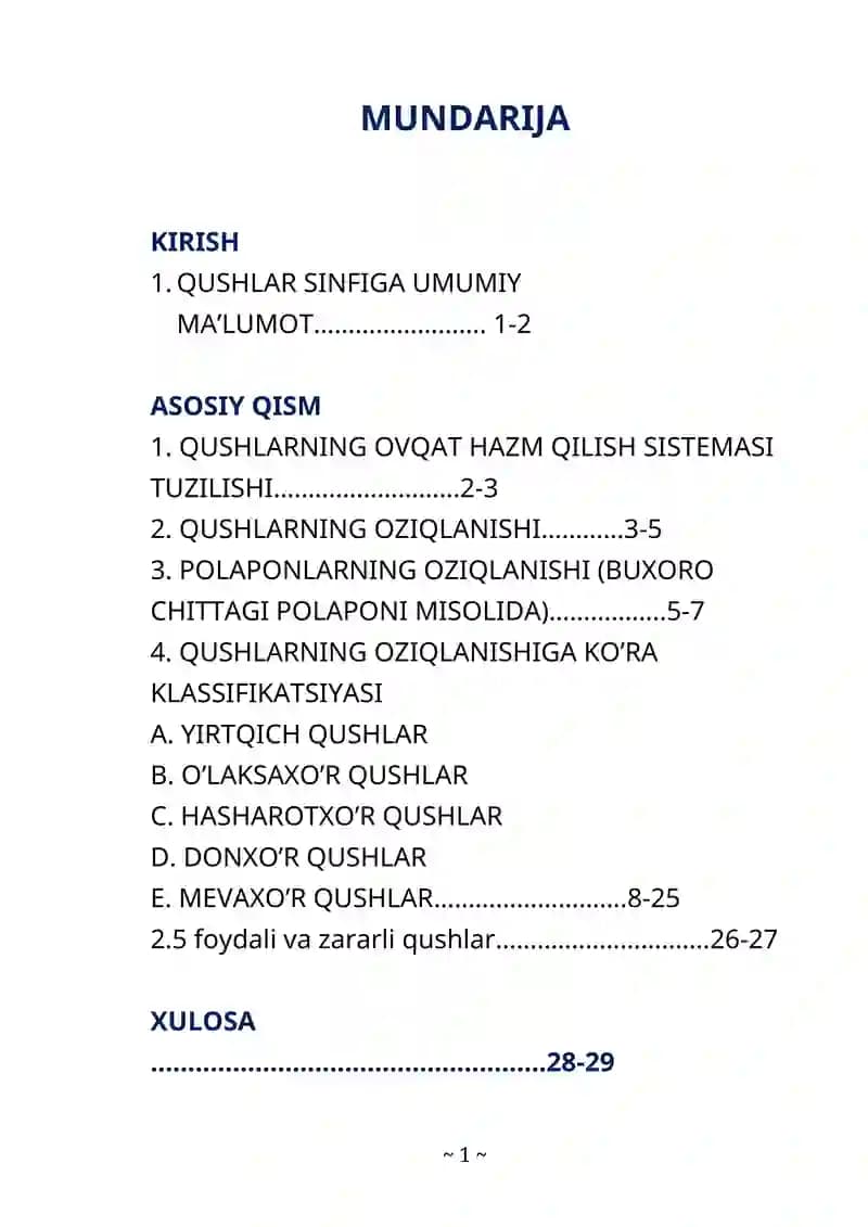 Qushlar sinfi Kurs ishi