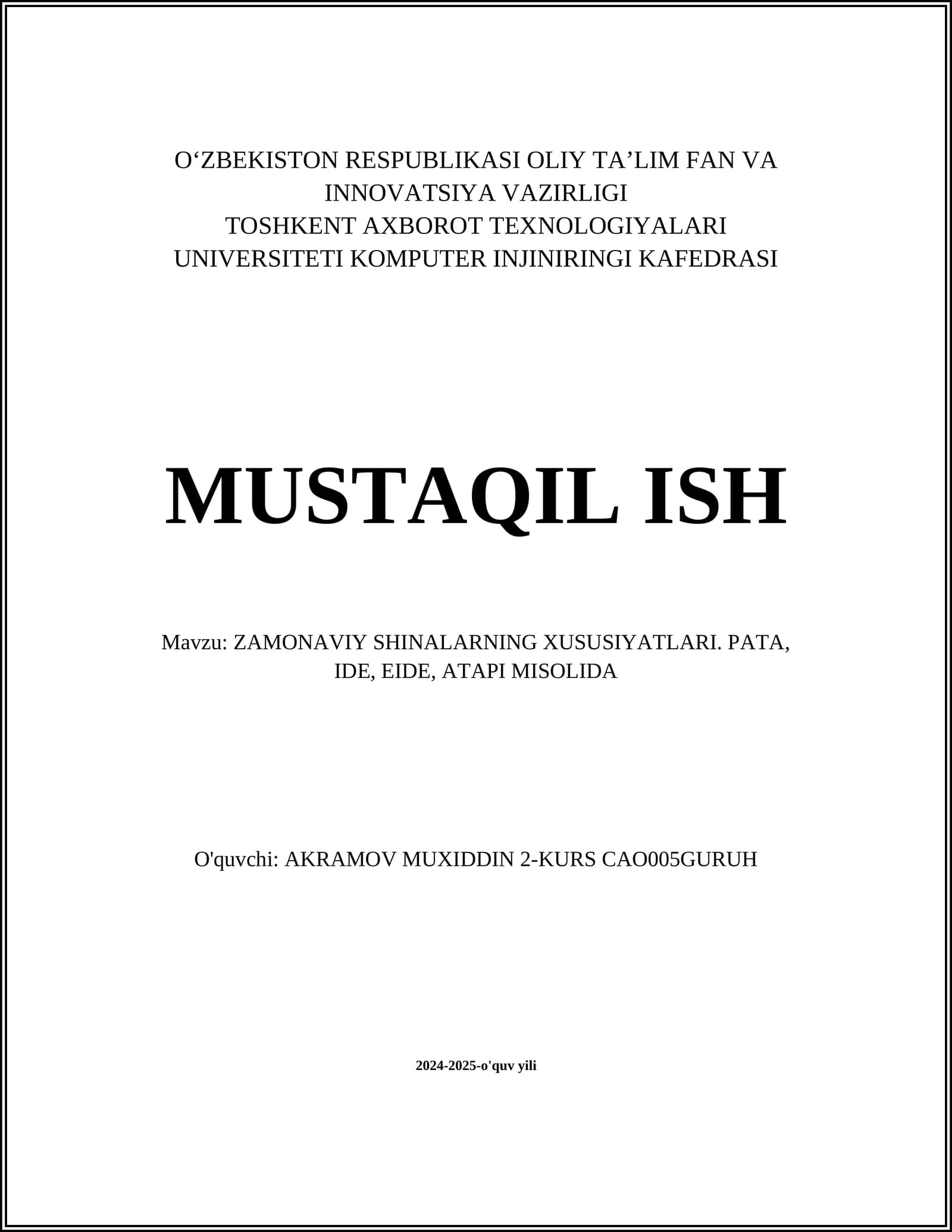 ZAMONAVIY SHINALARNING XUSUSIYATLARI. PATA, IDE, EIDE, ATAPI MISOLIDA