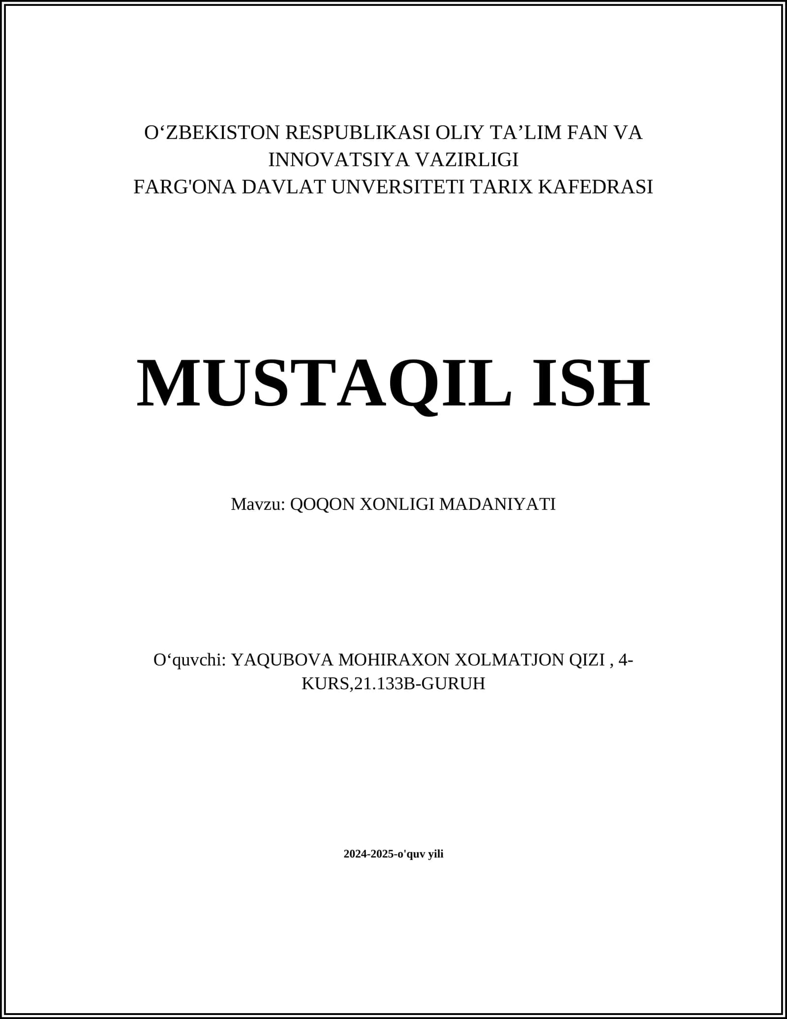 QOQON XONLIGI MADANIYATI